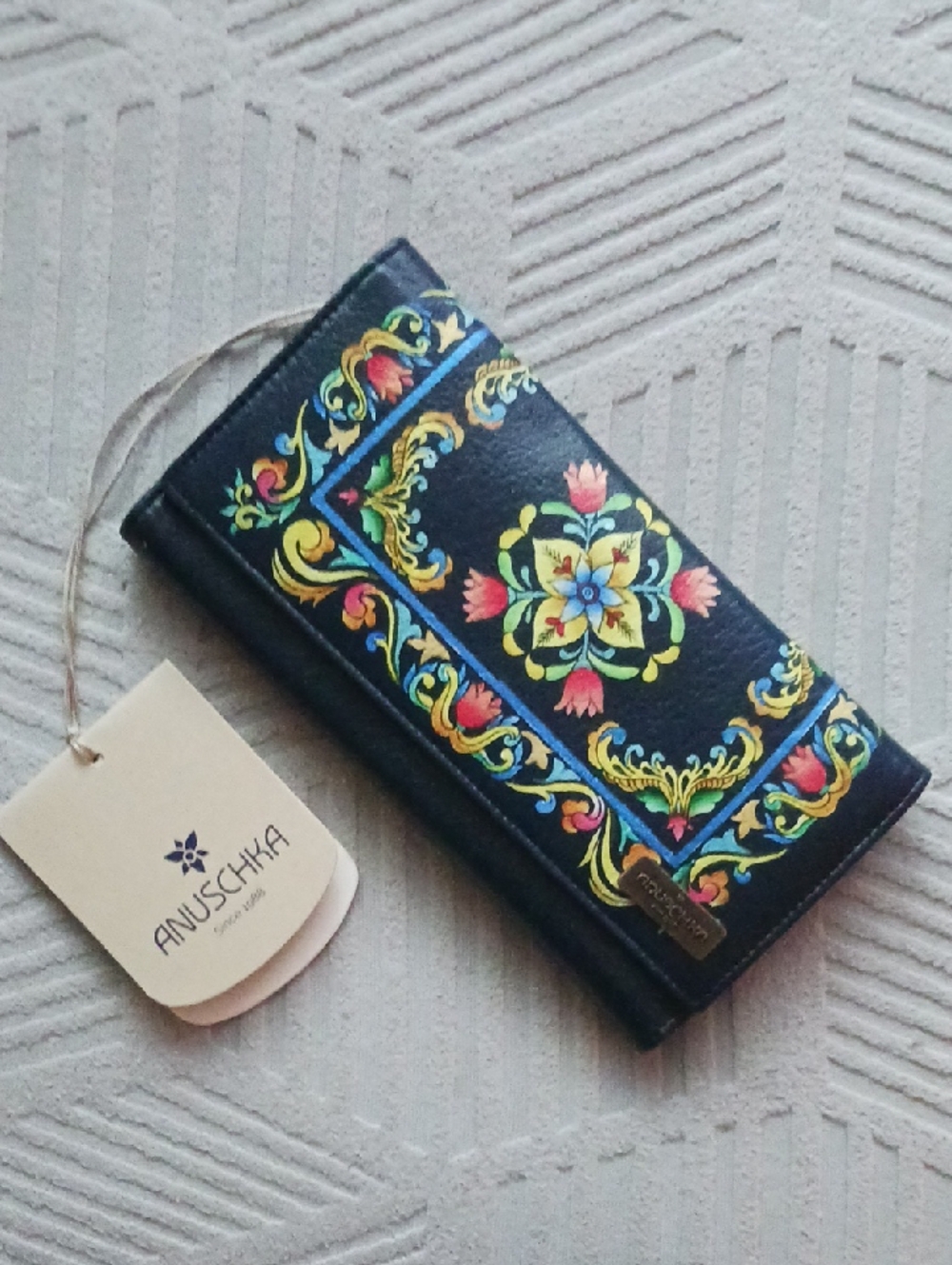 Anuschka Navy Hand-Painted Floral Leather Wallet with Multicolor Accents